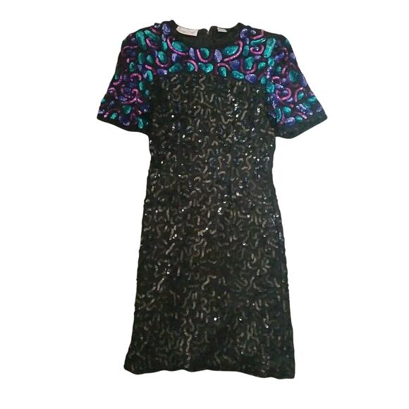VTG BLACK LAWRENCE KAZAR COCKTAIL DRESS Black MULTI-COLOR SEQUINS Beads Size L - Picture 1 of 16